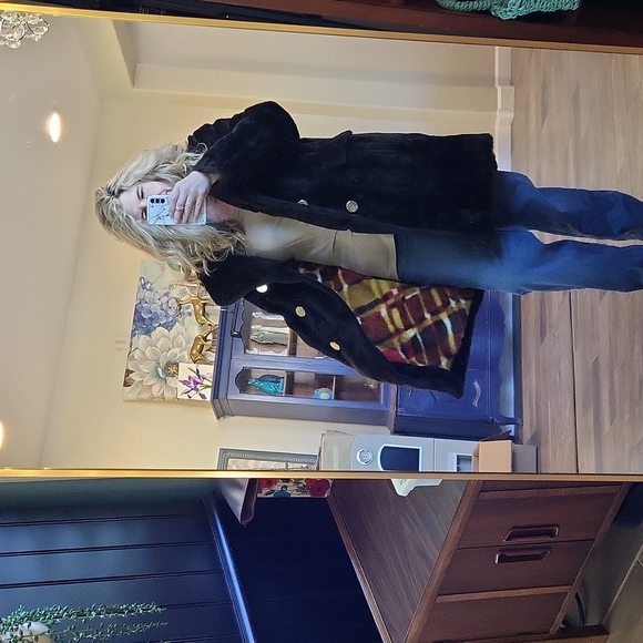 Vintage Carol Brent Faux Fur Pea Coat Gold Buttons Funky Printed Lining Size 2X - Picture 5 of 14